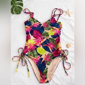 Tori Praver Swimwear Tropical One-Piece in Hot Pink, Lime & Navy Size Small